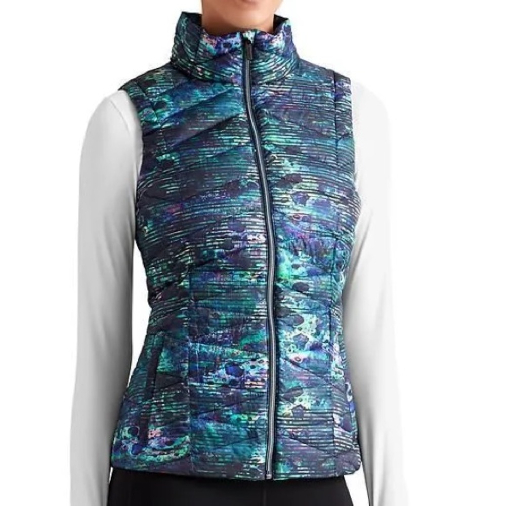 Athleta Altitude Goose Down Vest Blue Green Multicolored Pattern XS FLAW